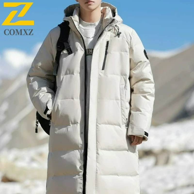 

COMXZ Brand Winter Warm Jacket Men High End Retro Long White Duck Down Filler Parka Street Outdoor Windproof Hooded Puffer Coat