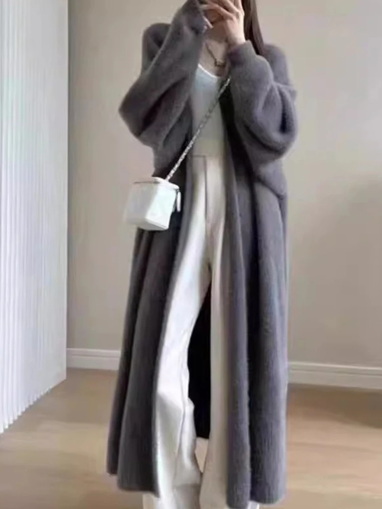 

Autumn/Winter Lazy Style Warm Knee Length Thickened Women Cardigan Pure Imitation Mink Fleece Knitted Sweater Women Warm Coat