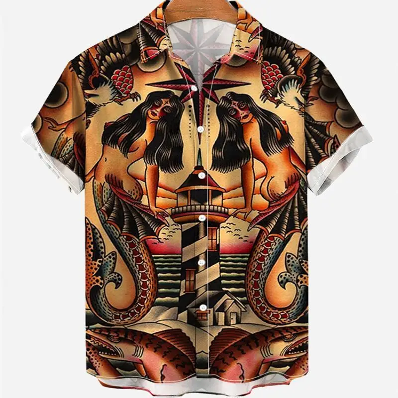 Men\'s Summer Character Casual Animal Print Social Fashion Floral Hawaiian Short Sleeve Shirts Elegant Vintage Vacation Clothes