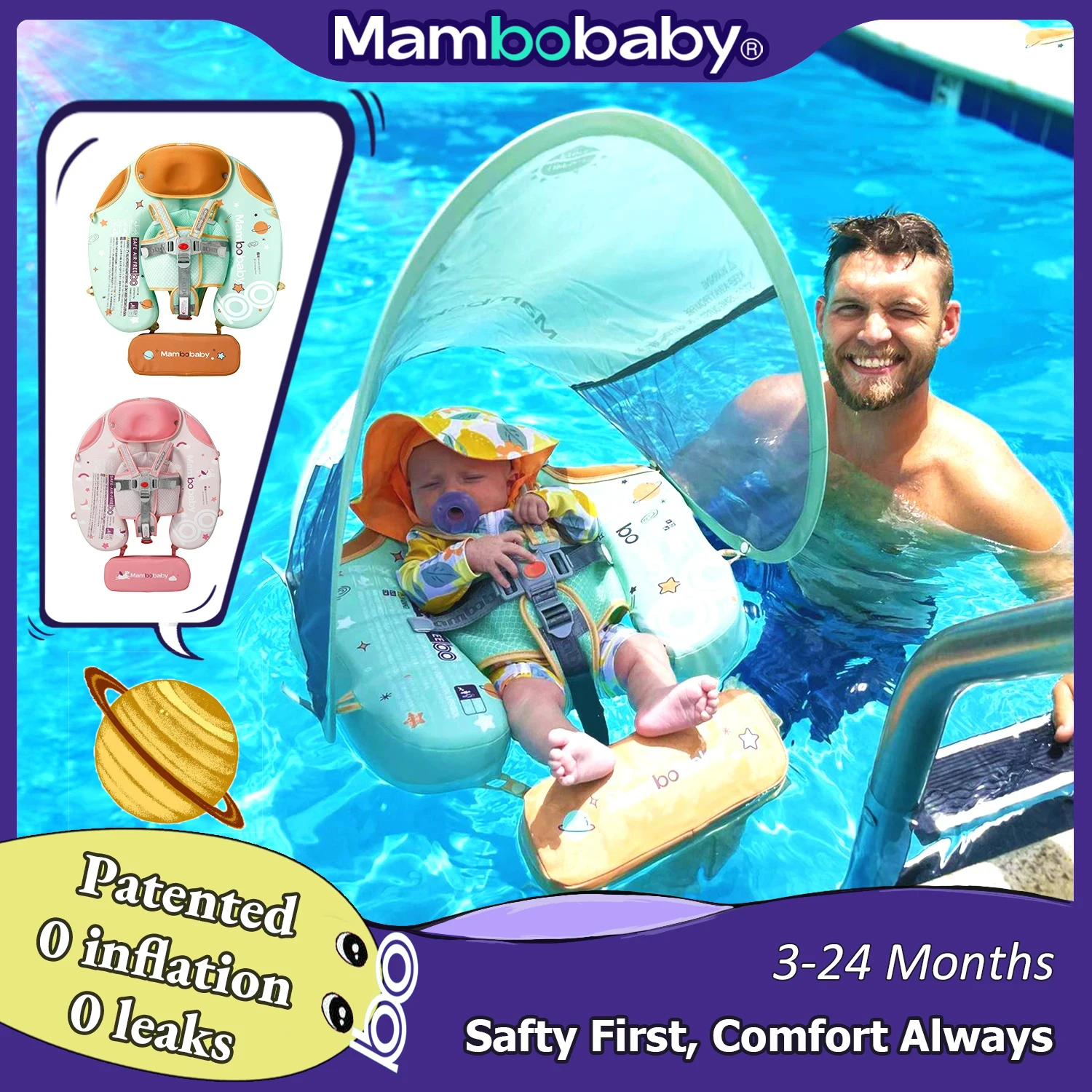 Mambobaby Baby faltbarer Schwimmer, aufblasbar, frei mit Sonnendach, sicherer Schrittgurt, Pool-Schwimmring, Schwimmschlauch, Pool-Schwimmer, Wasserkreis