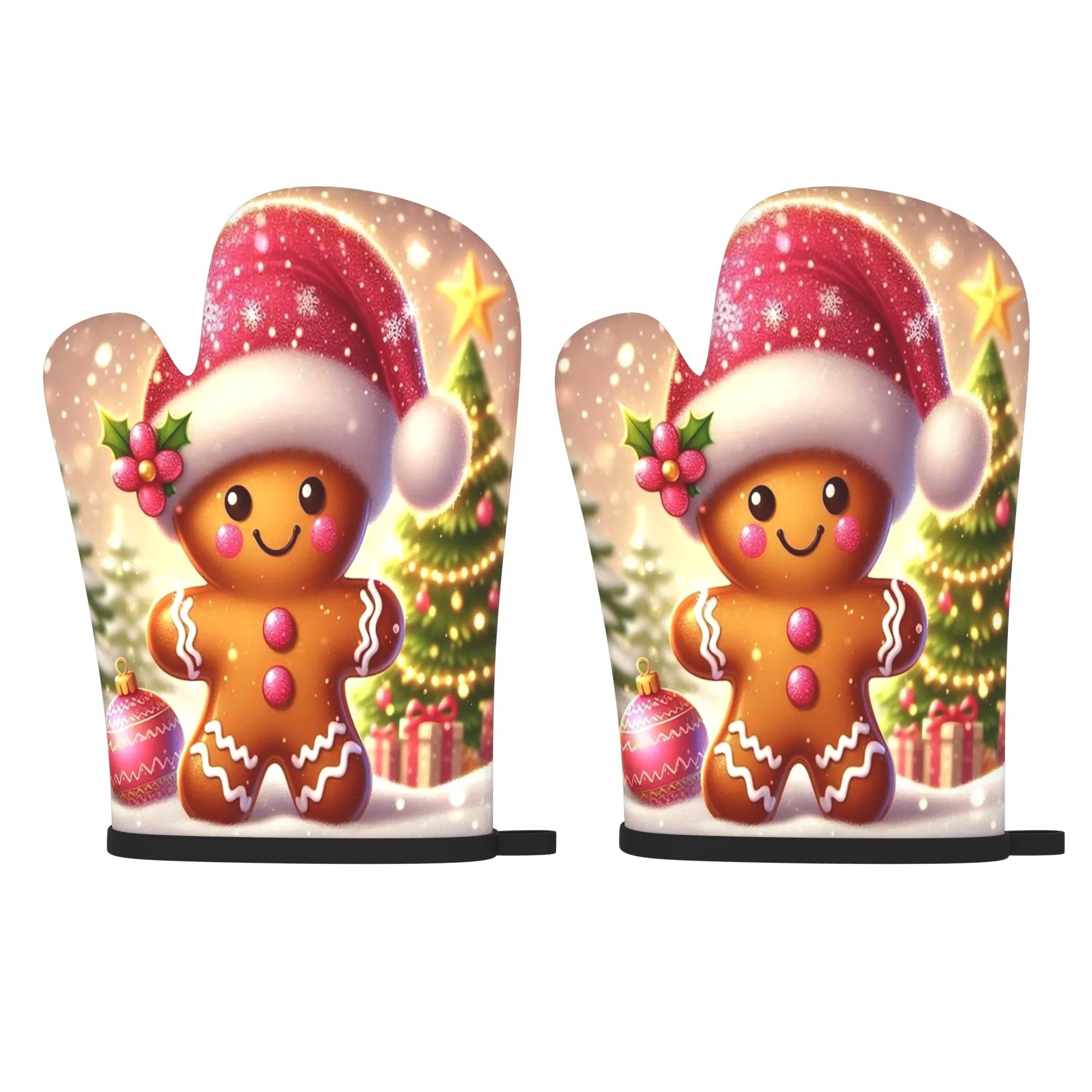 Oven Mitts Cute Gingerbread for Man Like Design with Pink Icing Candy Buttons, 10.6x6.7 Inch Long Durable Kitchen Gloves