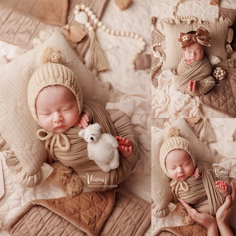 Newbborn Photography Props Nordic Vintage Knitted Hat Blanket Wrap Bear Doll Decor Accessories for Baby Studio Photoshoot Prop