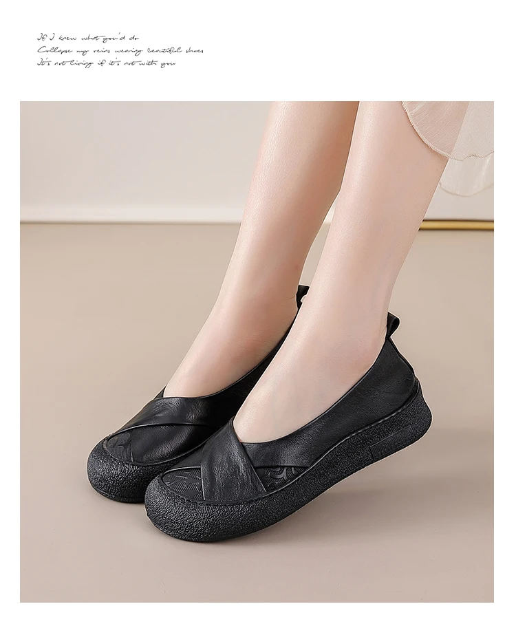 Neue Echtleder-Ballerinas für Damen, V-Ausschnitt Slip-On Schuhe, Retro-Kreuzfalt-Mokassins mit Prägungsmuster für Damen – Detail 10