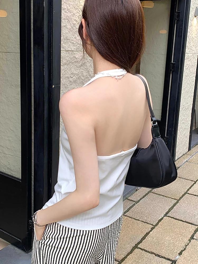T-shirts Women Cotton Halter Neck Backless Sexy Short Slyte Tshirt Woman Black White T Shirt Tops Summer Ladies Clothing Tees