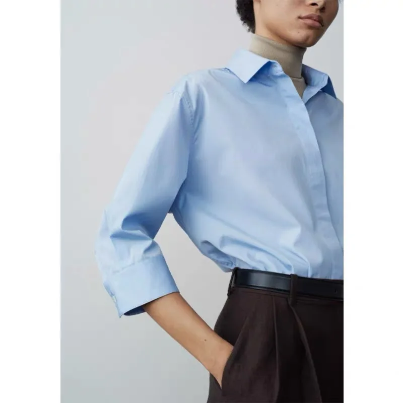 

Women's Loose Casual R0* Seven-minute Sleeve Shirt Spring Oversize Cotton Side Split Blouse Straight Versatile Blouse