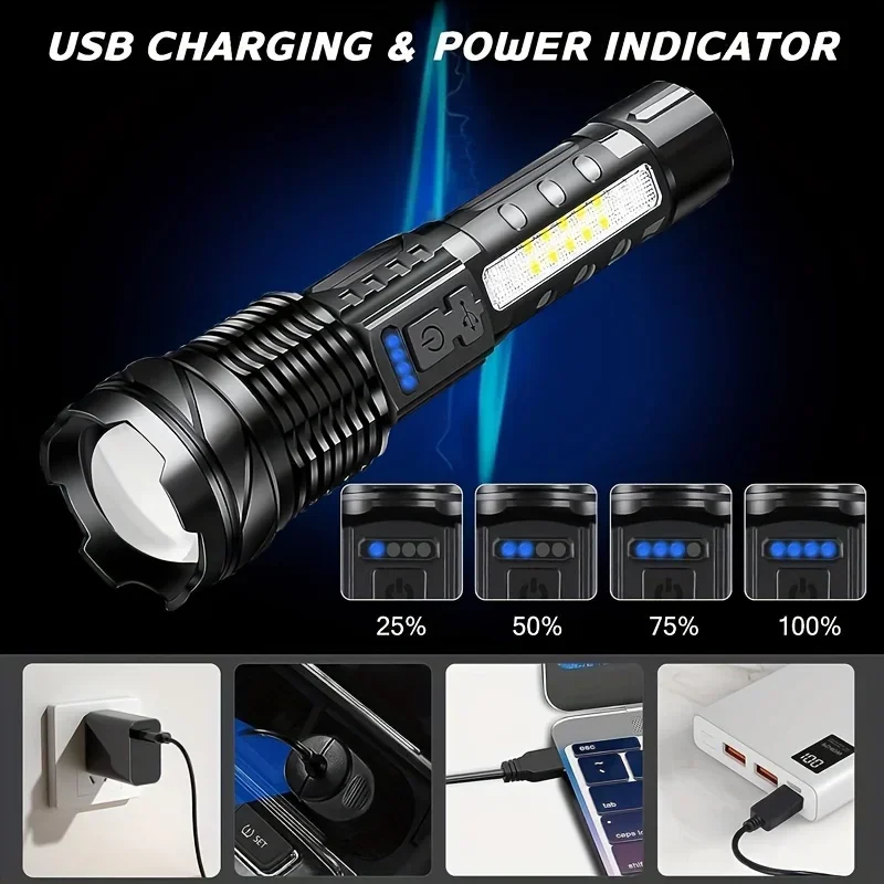 High Power LED Flashlight Rechargeable Torch Flood Light With Waterproof 7 Modes Side Light For Outdoor Camping Fishing Lighting