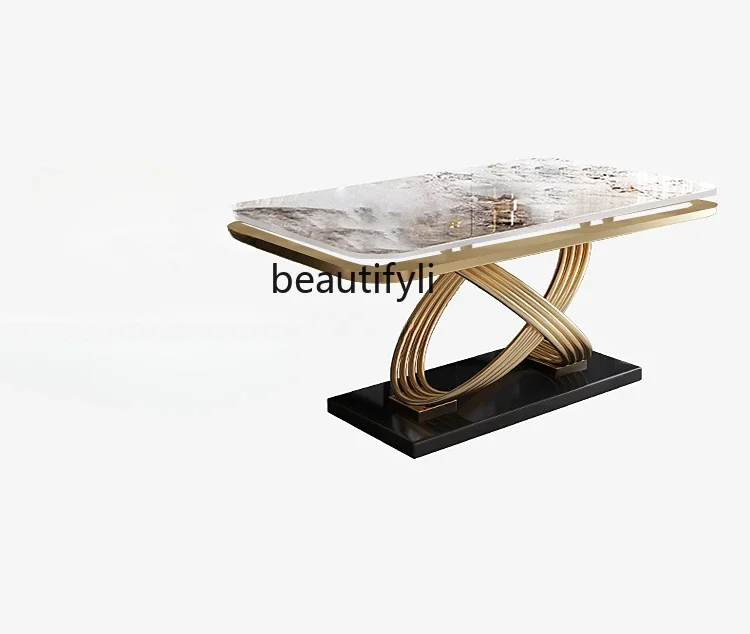 

Italian rock slab dining table and chair combination modern simple rectangular small apartment light luxury marble dining table