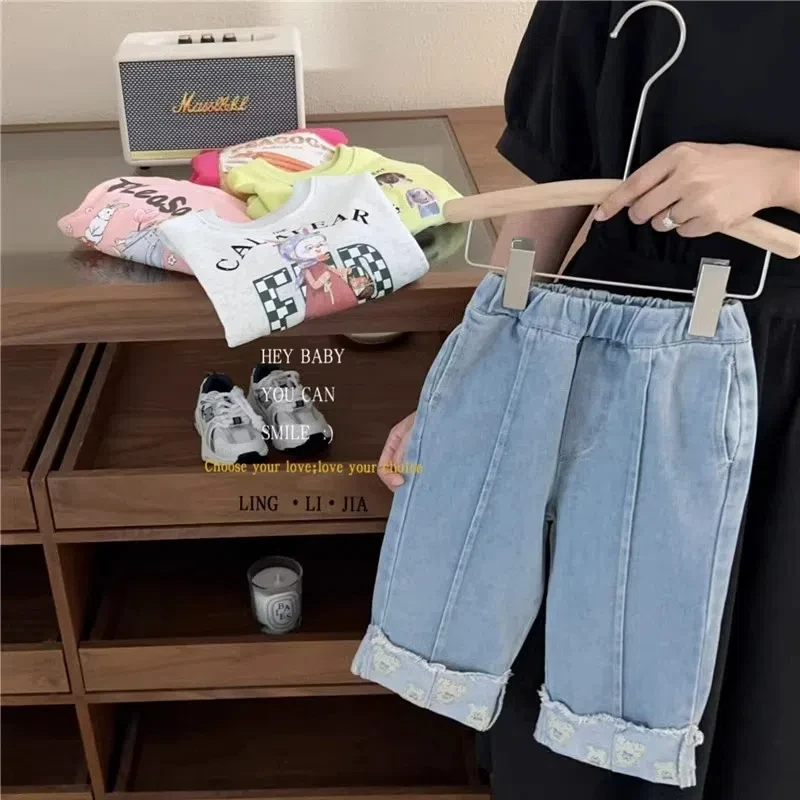 Korean Casual Baby Girl Jeans Pant Cotton Cartoon Bear Hem Children Girl Trouser Kids Wide Leg Pant