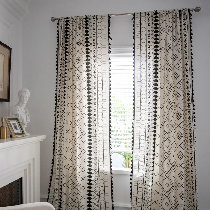 Vintage Farmhouse Curtain Bohemian Imitation Linen Hollow Crochet Pure Hand Sewn Semi-transparent Fringe Curtain 1PC
