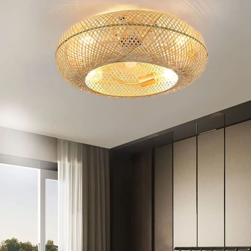 Modern Led Ceiling Fans With Light Bamboo Rattan Hand-Woven Retro Ceiling Lamp With Fans Remote Control 110V 220V Ventilator