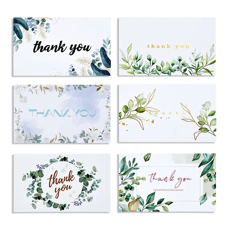 50pcs Thank You Card For Small Business Wedding Favors Green Leaf Greeting Card Invitation Cards Birthday Gift Box Packing Label