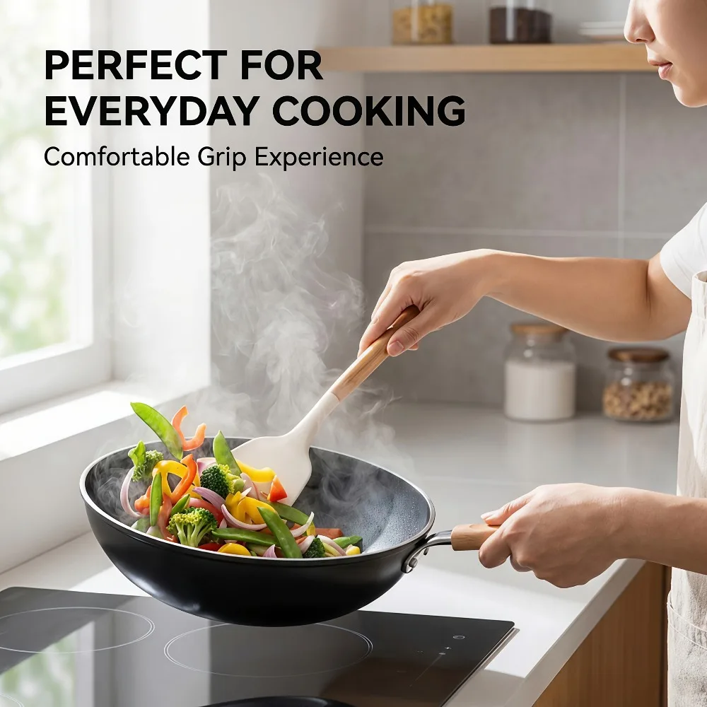 Silicone Kitchen Utensils with Wooden Handles — Heat-Resistant, Non-Stick Cooking Tools (Spatula, Slotted Spatula, Ladle)