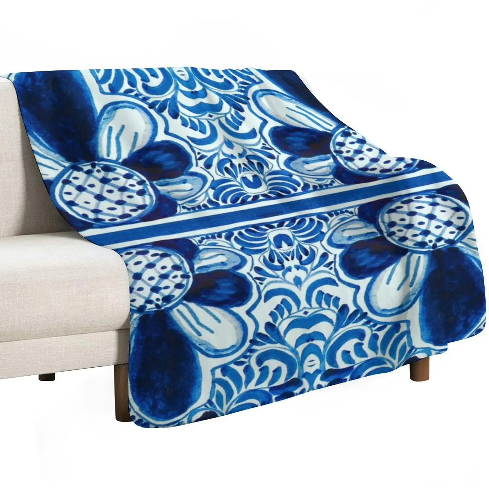 Blue and White Mexican Talavera Style - Vibrant Bright Blue Mexico Tile Painting, Festive, Colorful New Throw Blanket