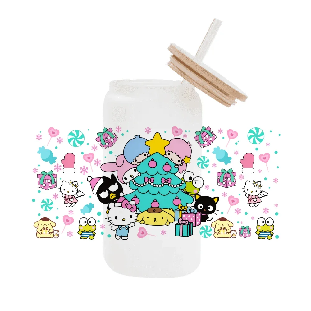 Sanrio Hello Kitty Christmas cartoon For Libbey 16oz Can Glass 3D Waterproof UV DTF Coffee Can Wrap Libbey Glass Wrap