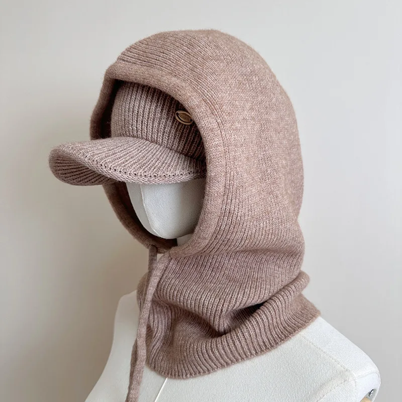 Two-piece Set Knitted Topless Baseball Cap with Scarf Integrated Bomber Hat Winter Warm Knitted Balaclava Cap