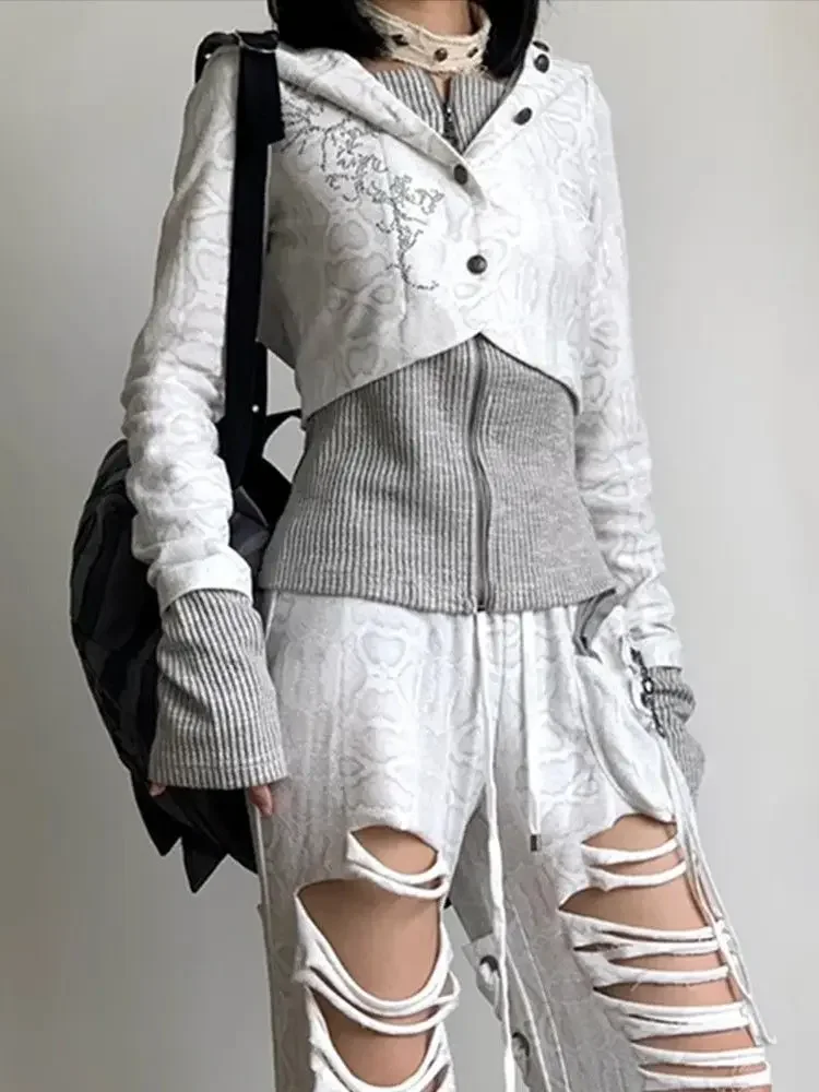 Spring Autumn Patchwork Jacket Zip Sweatshirt Women's Vintage Knitted Hooded Sweatshirt Jacket Y2K Spice Girls Slim Short Top