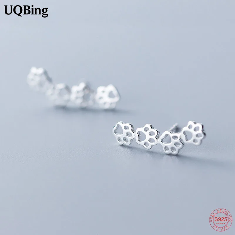 925 Sterling Silver Simple Cute Small Fresh Animal Dog Paw Girl Hollow Ear Stud Earrings Jewelry