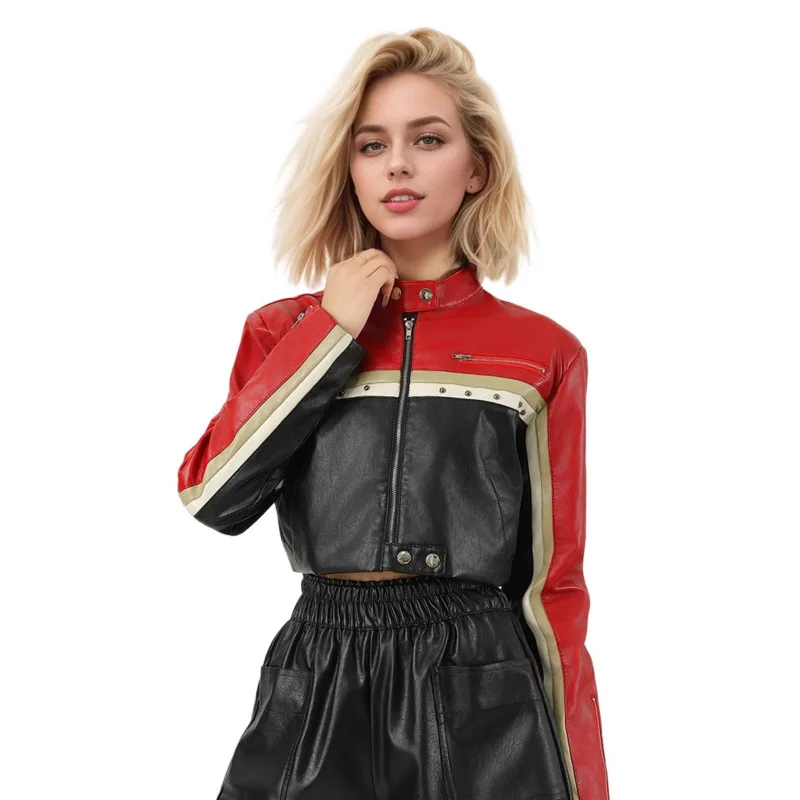 เสื้อแจ็คเก็ตมอเตอร์ไซค์หนัง PU แฟชั่น EAEOVNI สำหรับผู้หญิง คอตั้ง สีตัดกัน สไตล์สตรีทแวร์ คอลเลคชั่นใหม่ ฤดูใบไม้ผลิ 2026