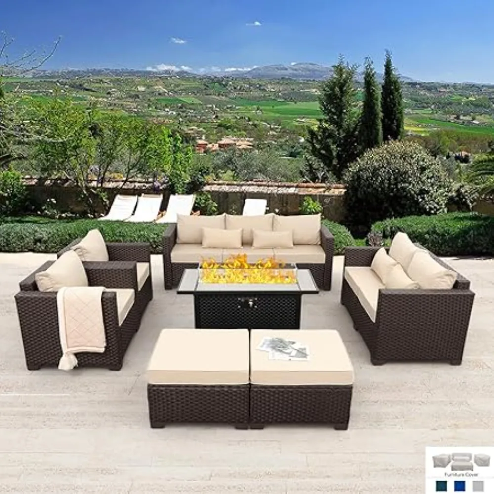 7 PCS Patio Furniture Set Garden Furniture with 45-Inch Fire Pit Table Conversation Set with Non-Slip Cushions Waterproof Covers