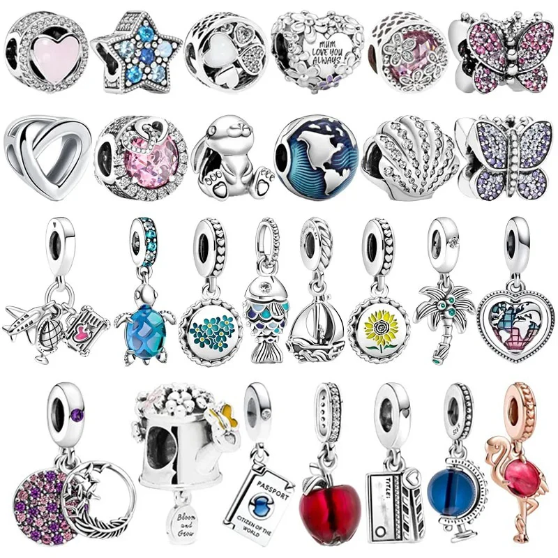 

New 925 Sterling Silver Scaled Shell Palm Tree Pink Murano Glass Flamingo Charm Bead Fit Original Pandora Bracelets DIY Jewelry