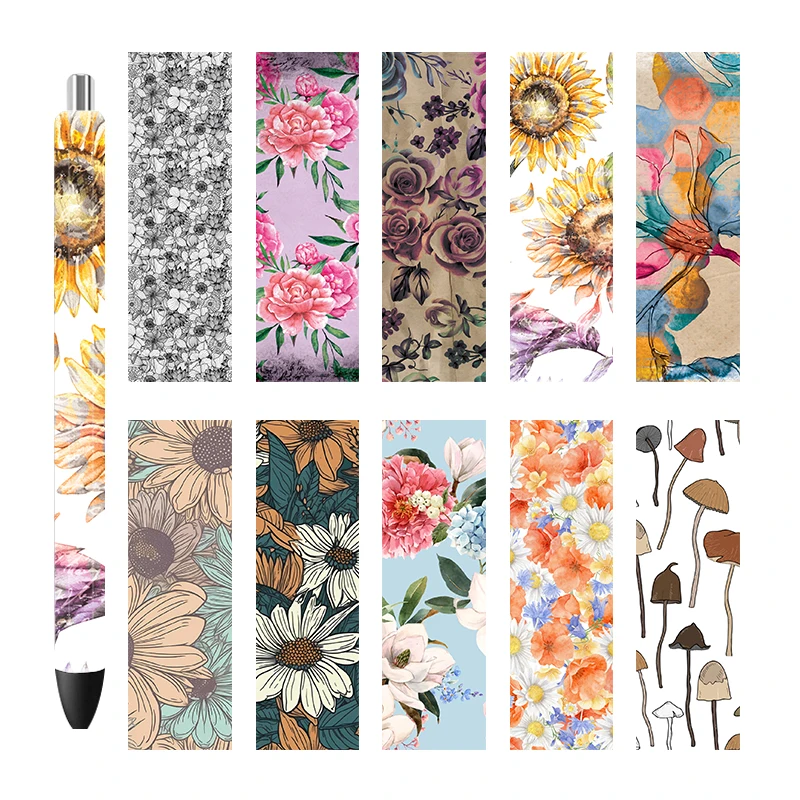 Flower Printed Transfers Stickers, 3D UV DTF, Pen Wraps, DIY Glass, Ceramic, Metal, Leather, 5Pcs, 4.75x1.5 Inch P87