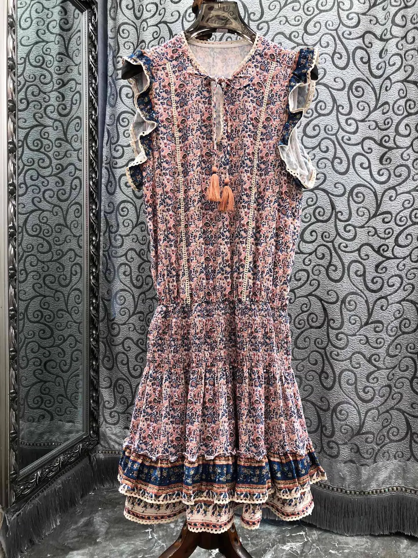 

100%Cotton Dress 2025 Summer Fashion Style Lady Tassel String Deco Vintage Floral Print Knee-Length Bohemian Beach Dress