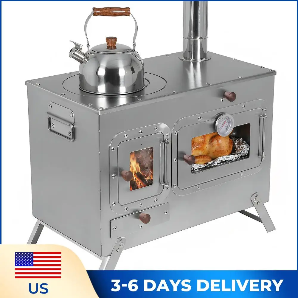 

Палаточная печь с 4 дымоходами из нержавеющей стали, дровяная, для обогрева и приготовления пищи на открытом воздухе, для зимней рыбалки и охоты