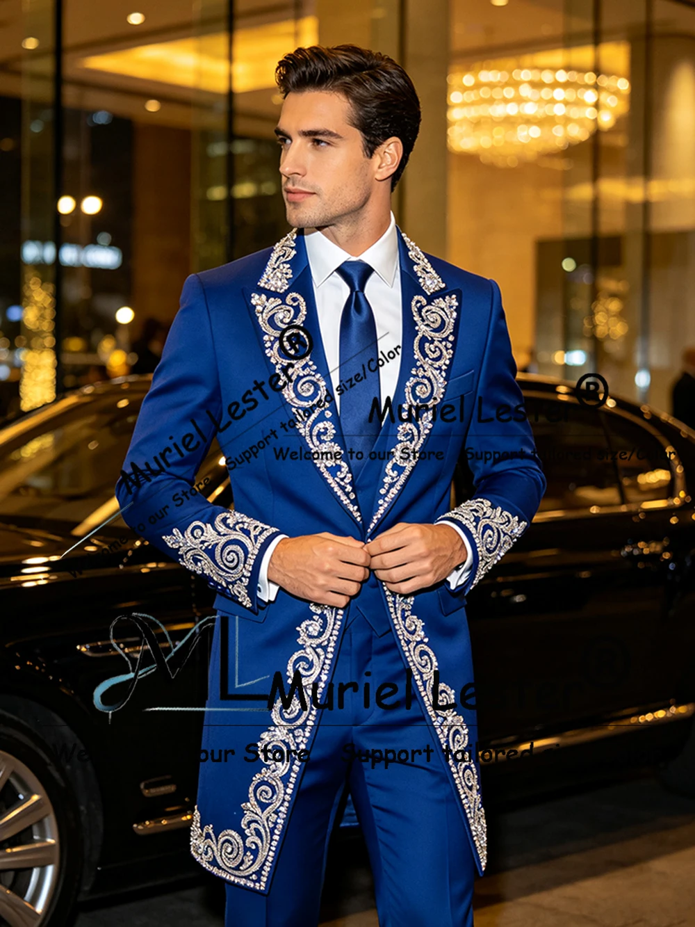 Luxury Wedding Suits For Man Brilliant Crystals Beading Jacket Pants 2 Pieces Sets Groom Tuxedos Customized Man Banquet Outfits