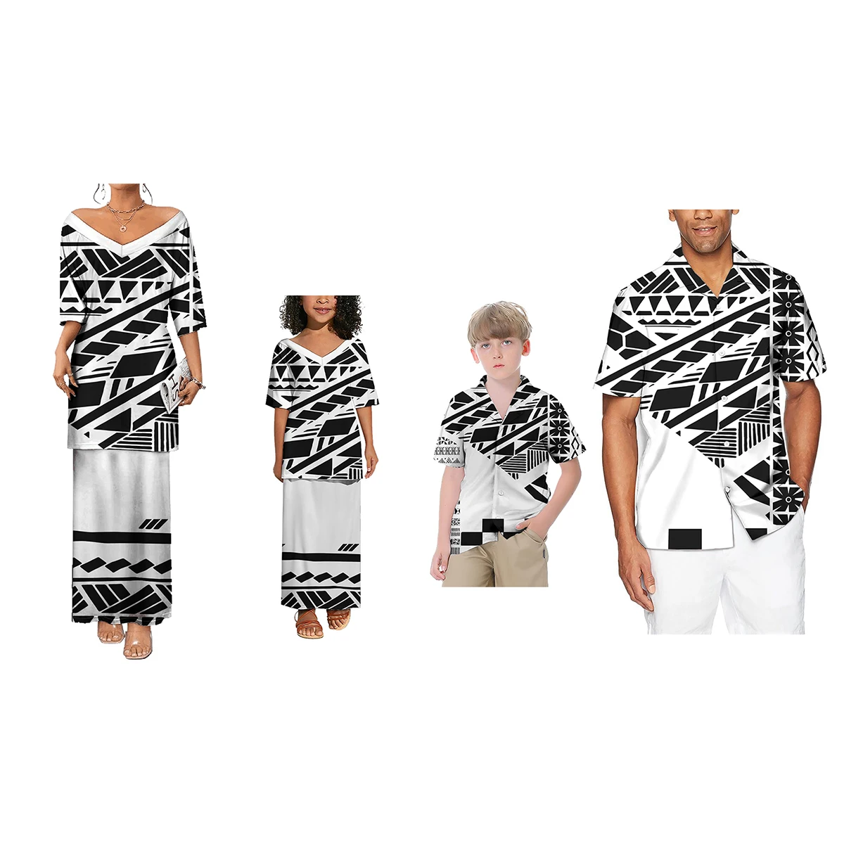 Matching Mommy And Me Outfits Polynesian Print 4pcs Family Gathering Matching Outfits Mom And Daughter Dresses Sets