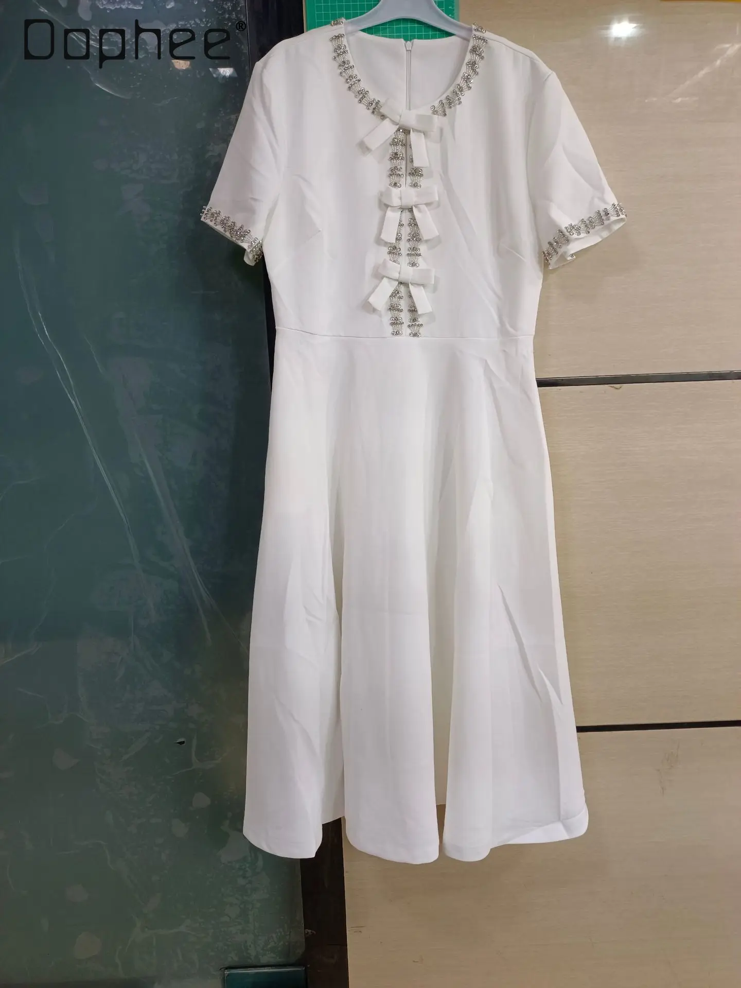Temperament Woman A-line Dress Heavy Industry Beads Diamond Bow Short Sleeve Dresses Light Luxury Slim Mid-length Dress Women