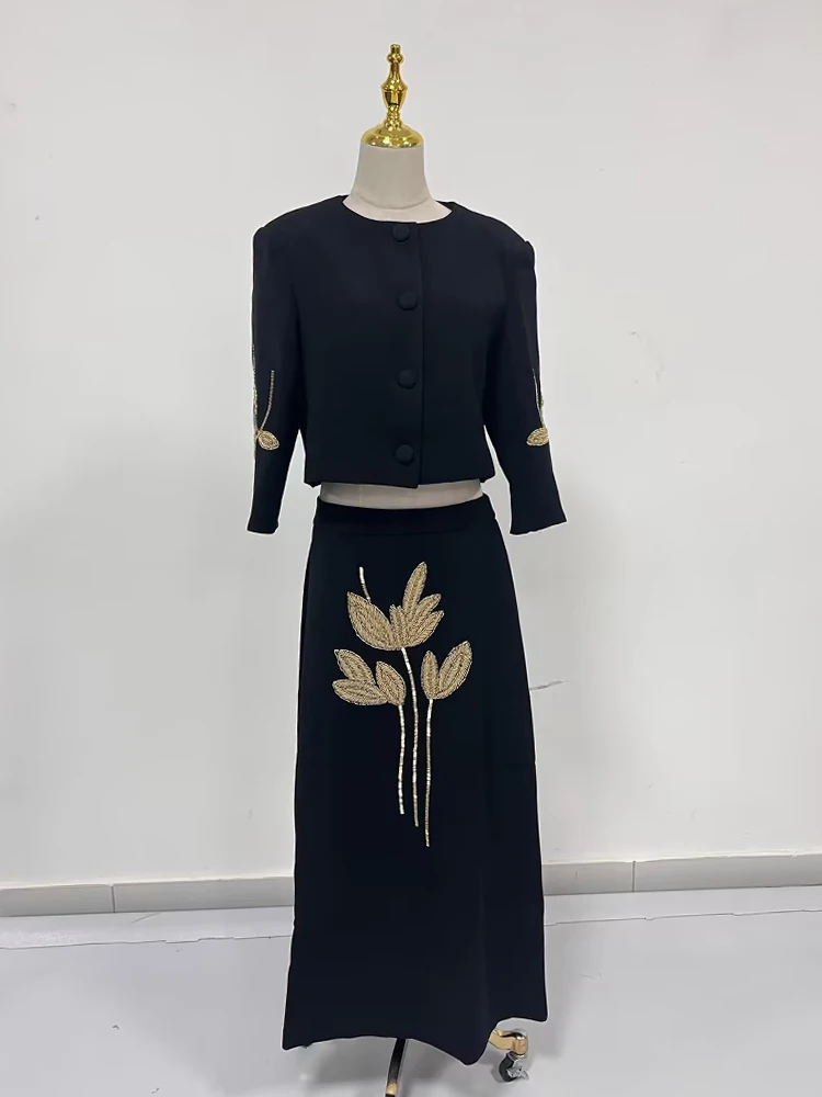 VGH Spliced Embroidered Flares Two Piece Sets For Women Round Neck Half Sleeve Tops High Waist A Line Skirts Elegant Set Female