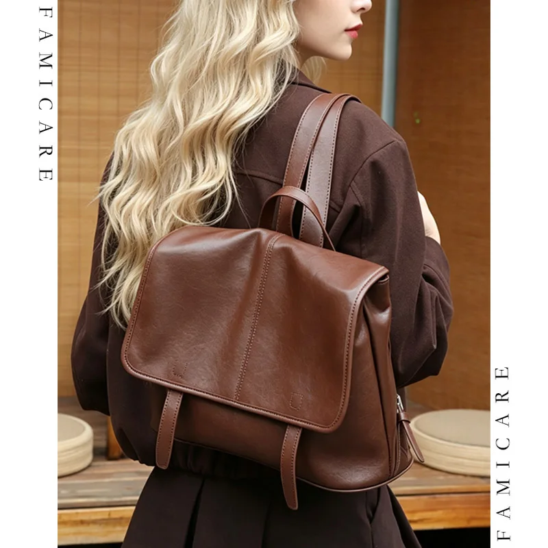 Lady Genuine Full‑Grain Vegetable Tanned Leather Flap Messenger‑Style Backpack Vintage Women Backpacks Chic Minimalist Rucksack