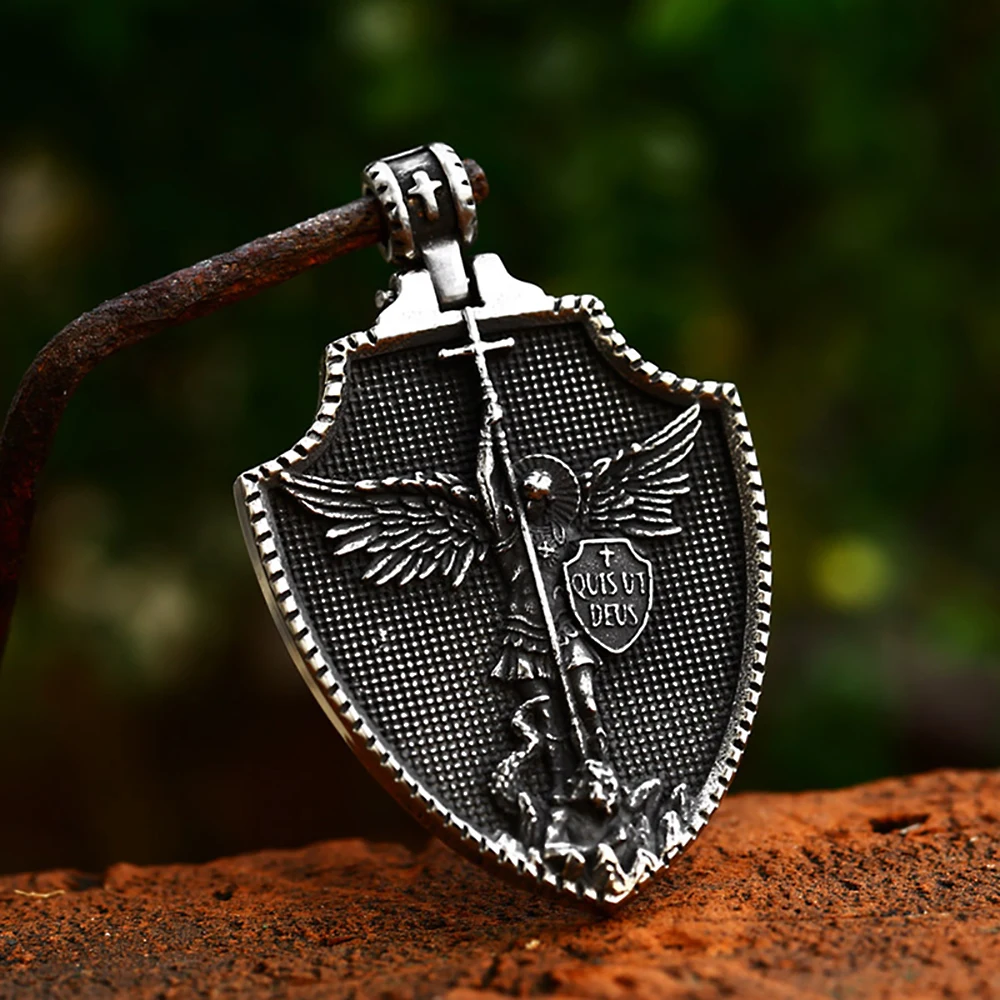 Vintage Angel St.Michael Guardian Necklaces Men's Stainless Steel Archangel Michael Slaying Dragons Pendant Religious Jewelry