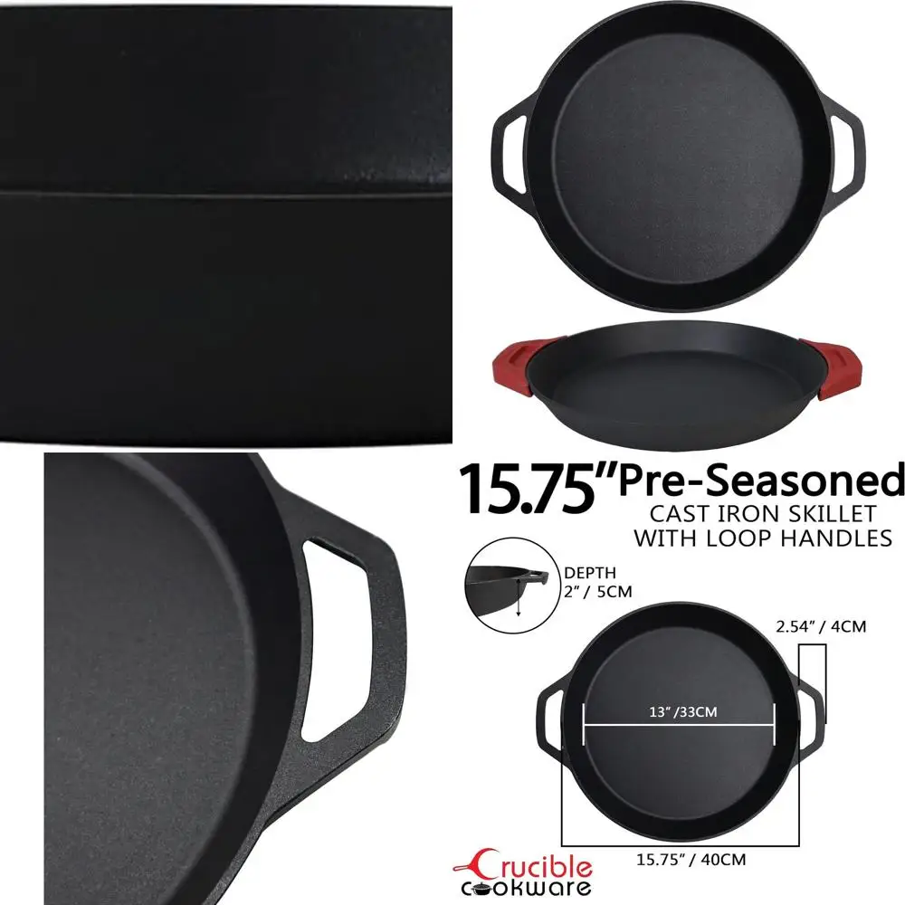 

15.75 Dual Loop Handle Cast Iron Paella Pan with Silicone Covers, Oven and Induction Safe for All Stovetops