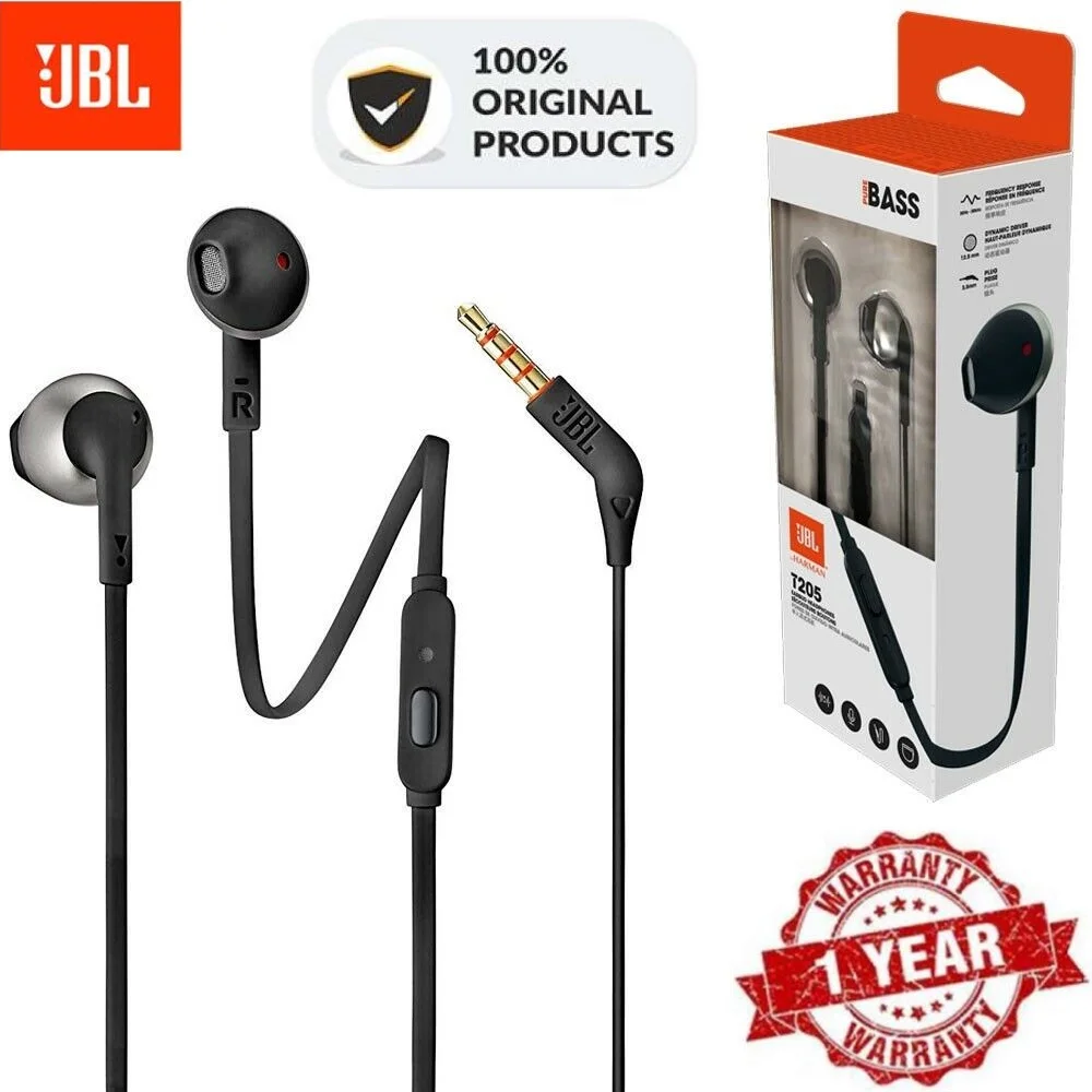 100% Original JBL T205 Earbuds Headphones with Microphone  1-button Control Hands-free Call