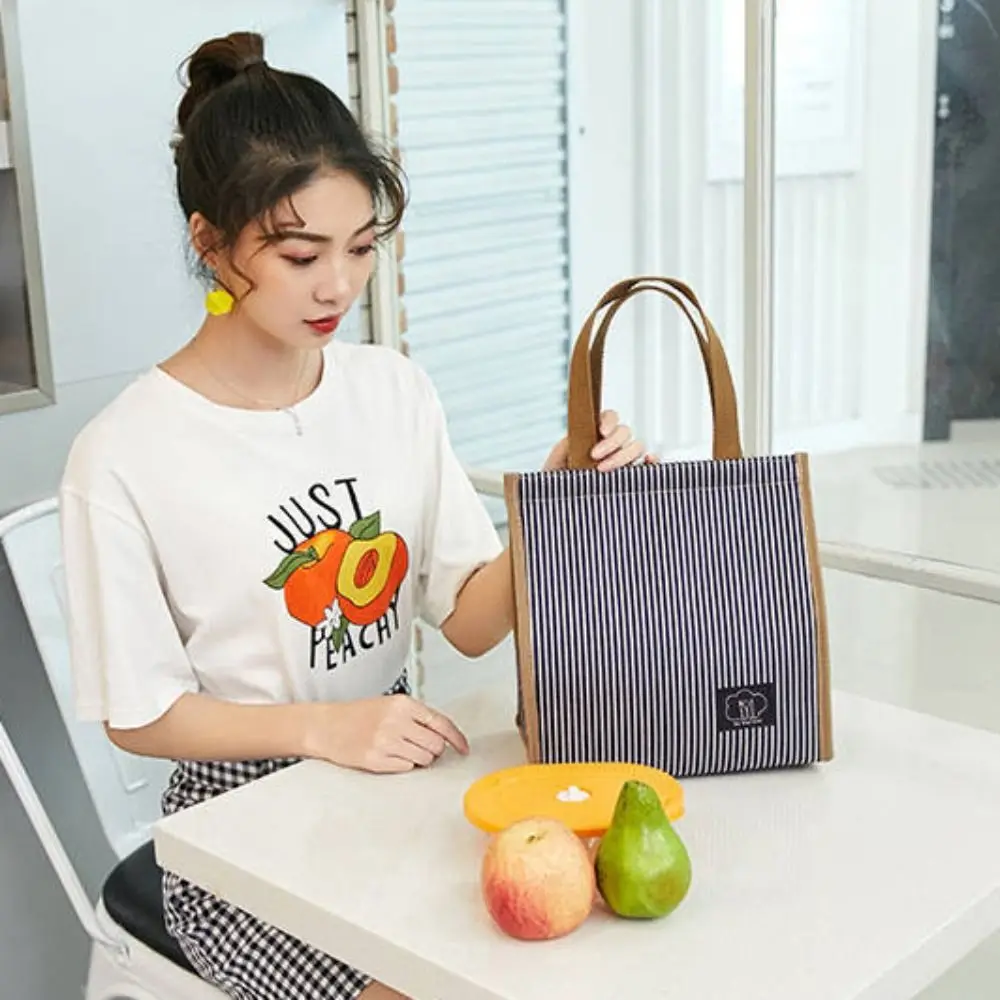 

Waterproof Insulated Thermal Lunch Bag Oxford Cloth Large Capacity Hand-held Picnic Food Pouch Thickened Stripe Storage Handbag