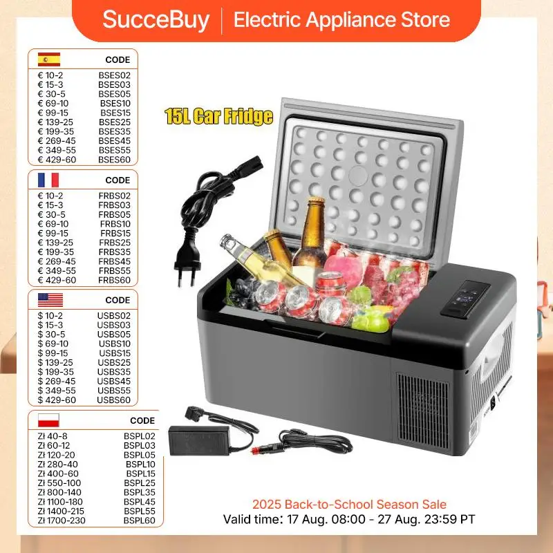 SucceBuy 15L ثلاجة صغيرة محمولة سيارة الفريزر 12 فولت/24 فولت ثلاجة صغيرة ضاغط برودة للسفر الأنشطة الخارجية