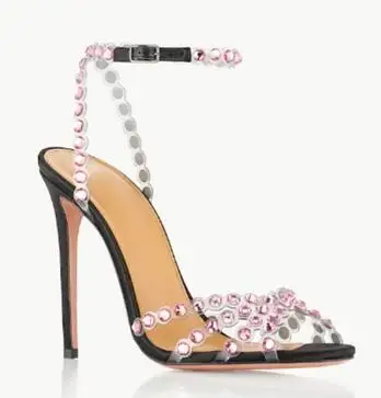 Summer Sky Blue Red Green PVC Bling Crystal Rhinestone 10 CM Thin Heels Sandals Woman Ankle Buckle Strap Slingback Party Shoes