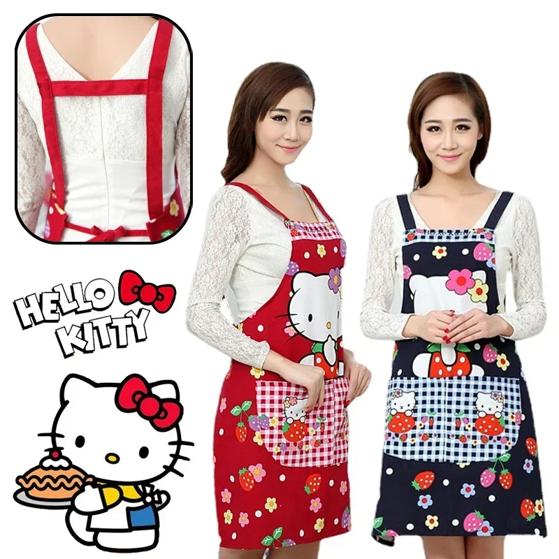 Sanrio Hello Kitty Kitchen Household Cooking Apron Canvas Oil-proof Waterproof Women Adult Waist Fashion Coffee Overalls Aprons