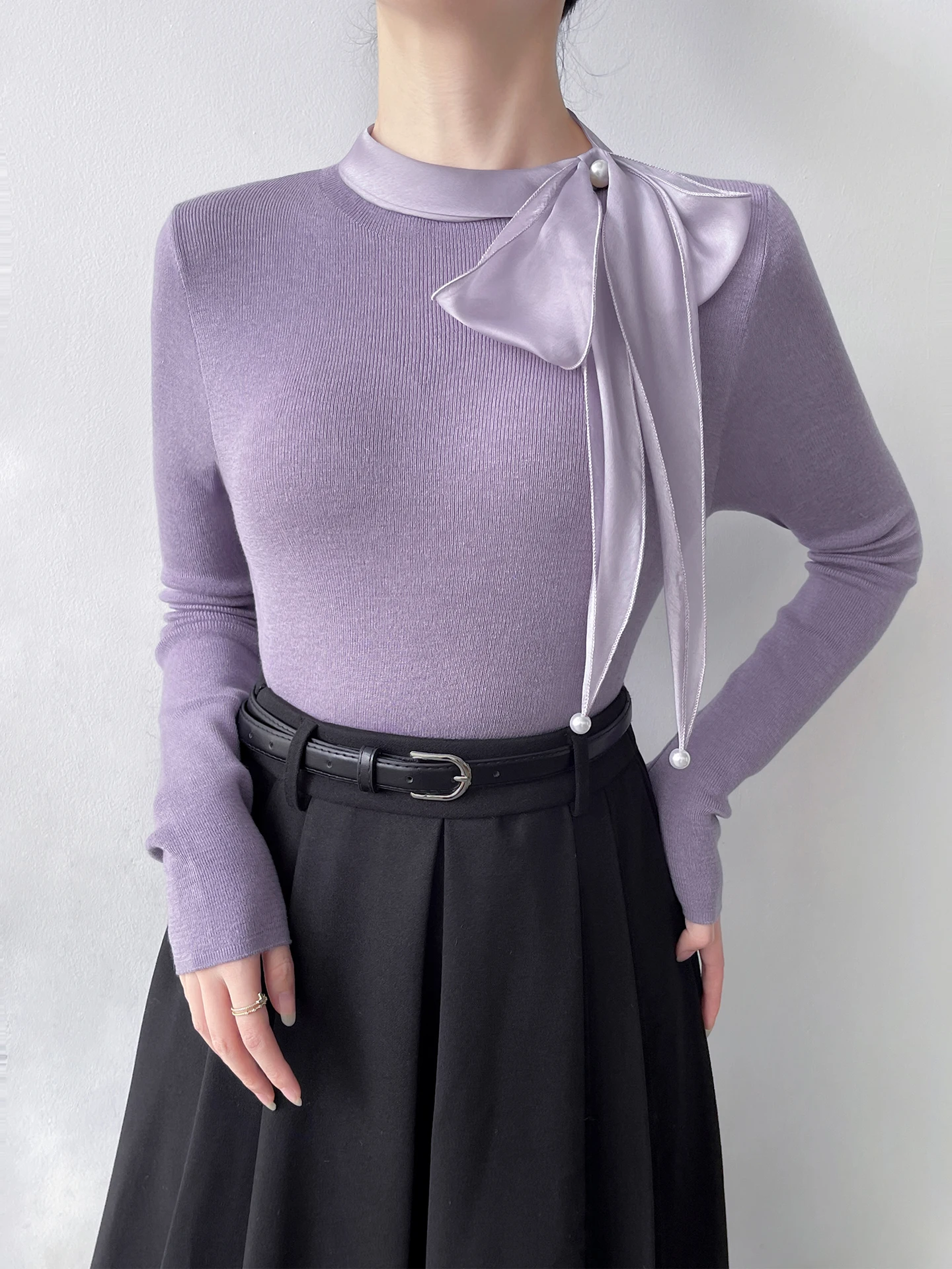 

Корейская женская трикотажная кофта с длинным рукавом, фиолетовая, облегающая, с поясом-завязкой, для повседневной носки, мягкий трикотажный топ