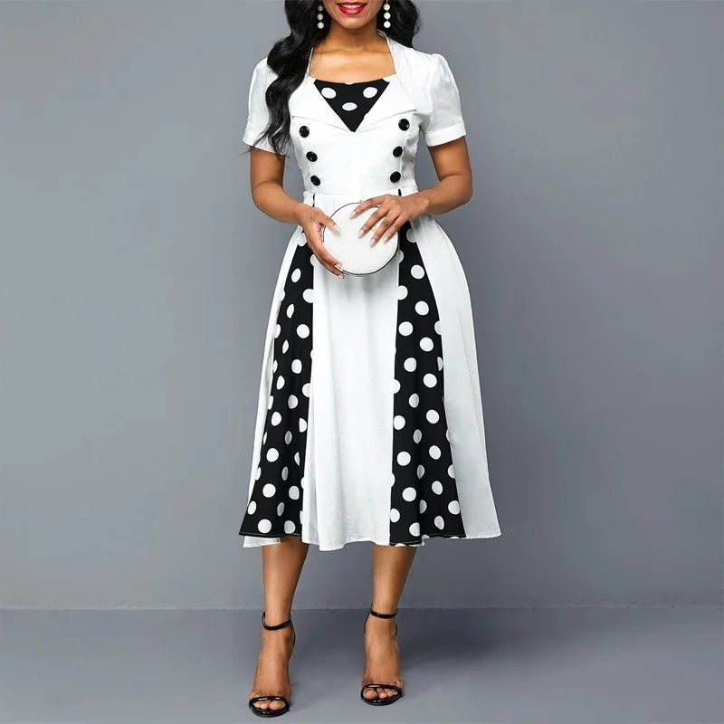 Vintage Dot Print Swing Pin Up Summer Party Dresses Women Short Sleeve High Waist A-Line Dress Elegant Casual Robe Vestidos