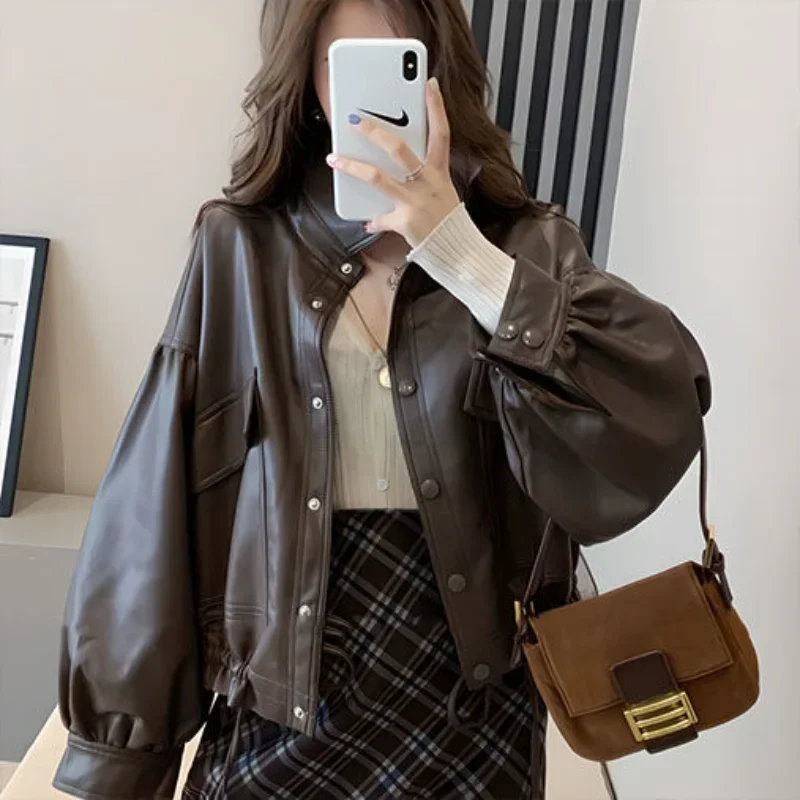 

Leather Jacket for Women New Shirt Collar Drawstring Motorcycle Clothing Fashionable Loose Leather Jacket Korean Top