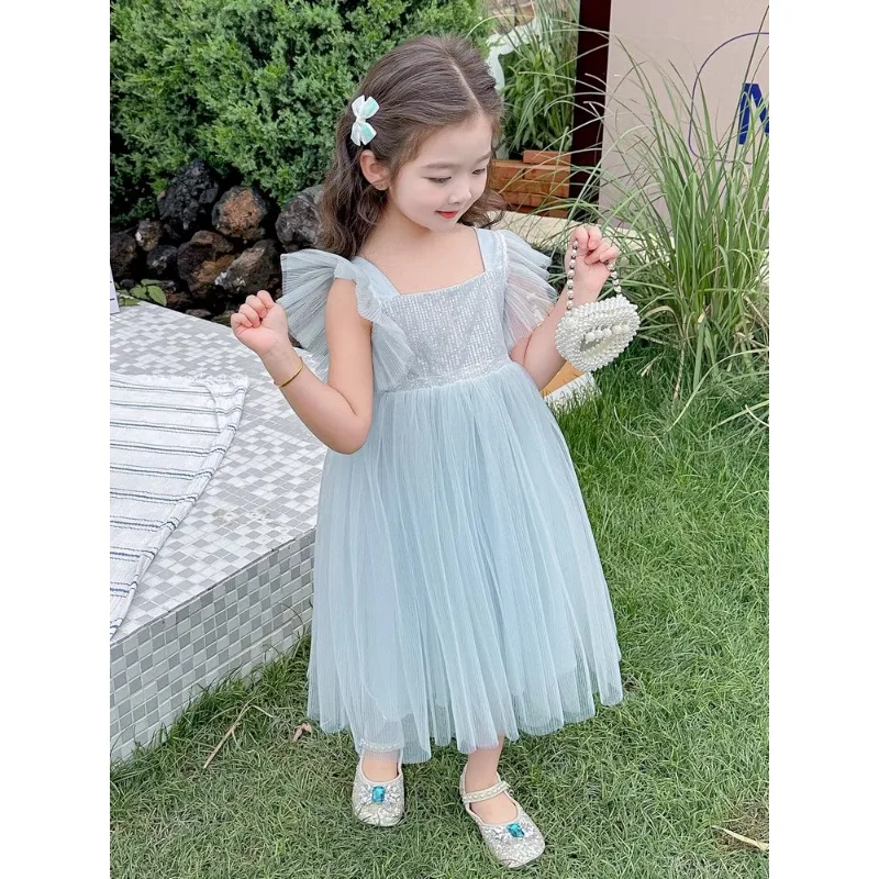 

Woman. Children's Dance Performance Costume Summer 2024 New Girl Suspender Wing Gauze Skirt