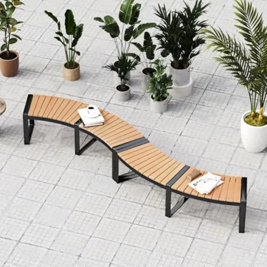 Outdoor Curved Bench, Acacia Wood Fire Pit Bench w/Slatted Seat, Metal Frame, Loveseat, Outside Chair, Patio Backless 2-Person