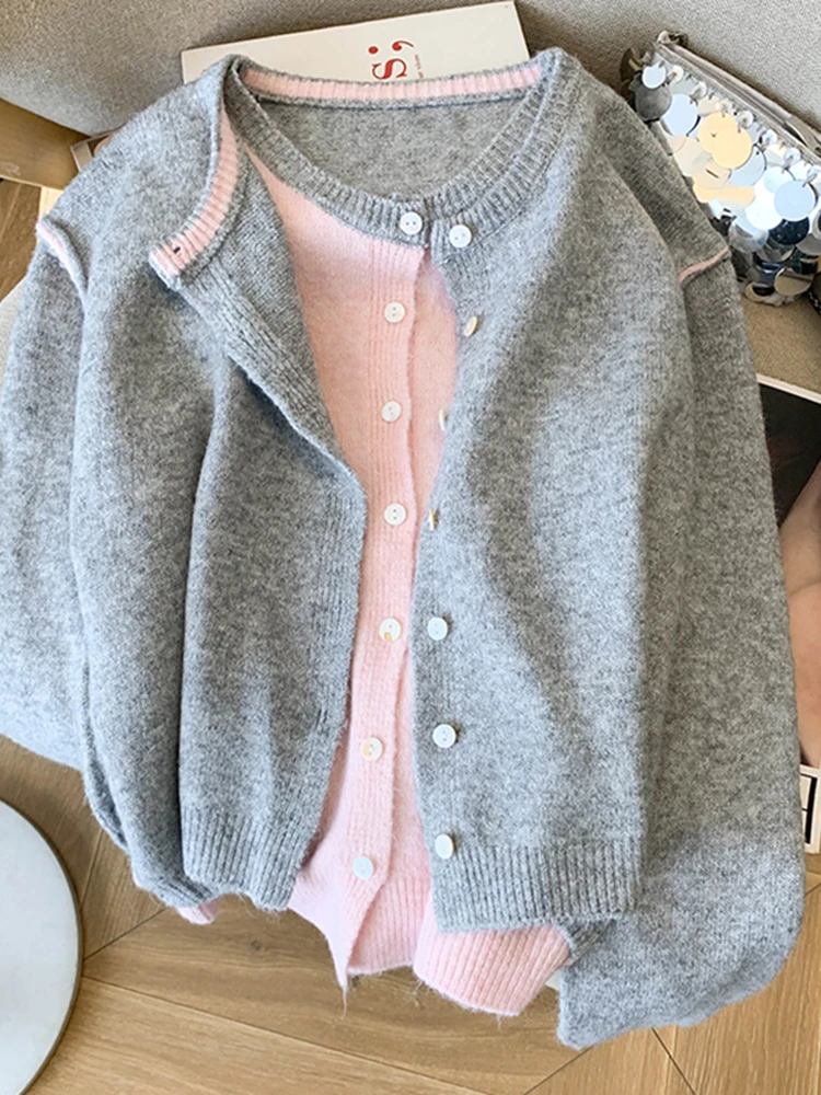 Zacht gebreid open vest Damesmode Casual Sle Splicing Matching Herfst Winter Trui Jaet Lichtgewicht Fake Two-P...