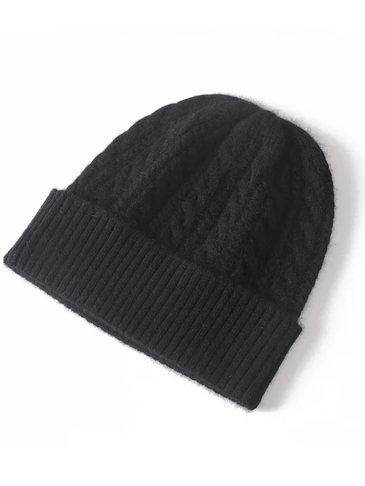 35% Cashmere Blend Thick Vintage Cable Beanies Women Solid Ribbed Hem Soft Knitted Cap Hat Wool Autumn Winter Warm Skull Caps