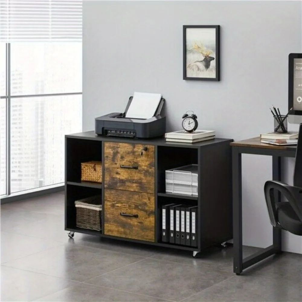 File Cabinet with 2 Drawer and 4 Open Storage Shelf Large Printer Stand for Home Office Organization Hanging Storage
