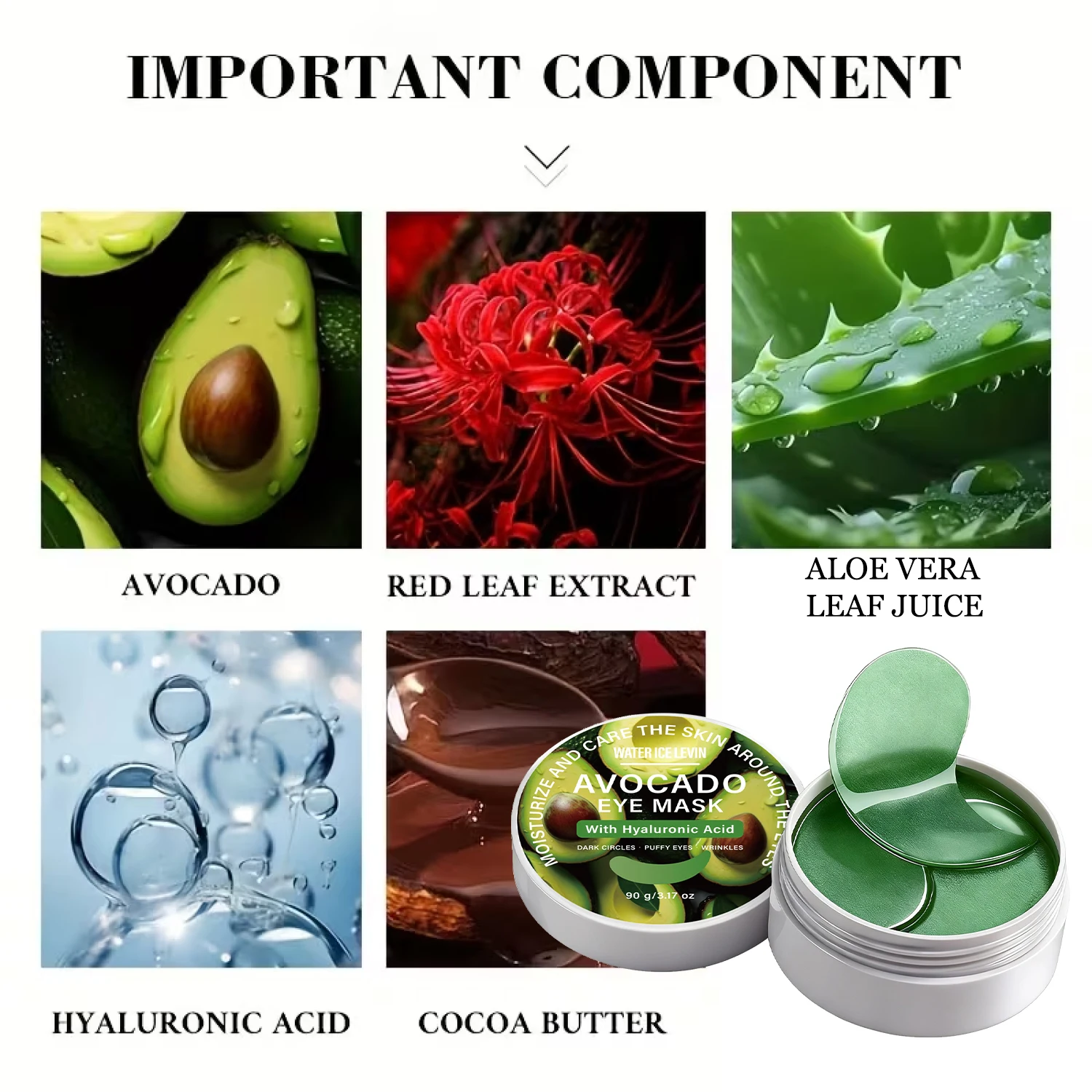 Masque contour des yeux riche à l'avocat et au beurre de cacao, enrichi en acide hyaluronique. Atténue les cernes, les poches et les rides. Watericelevin 90 g._voghion.com