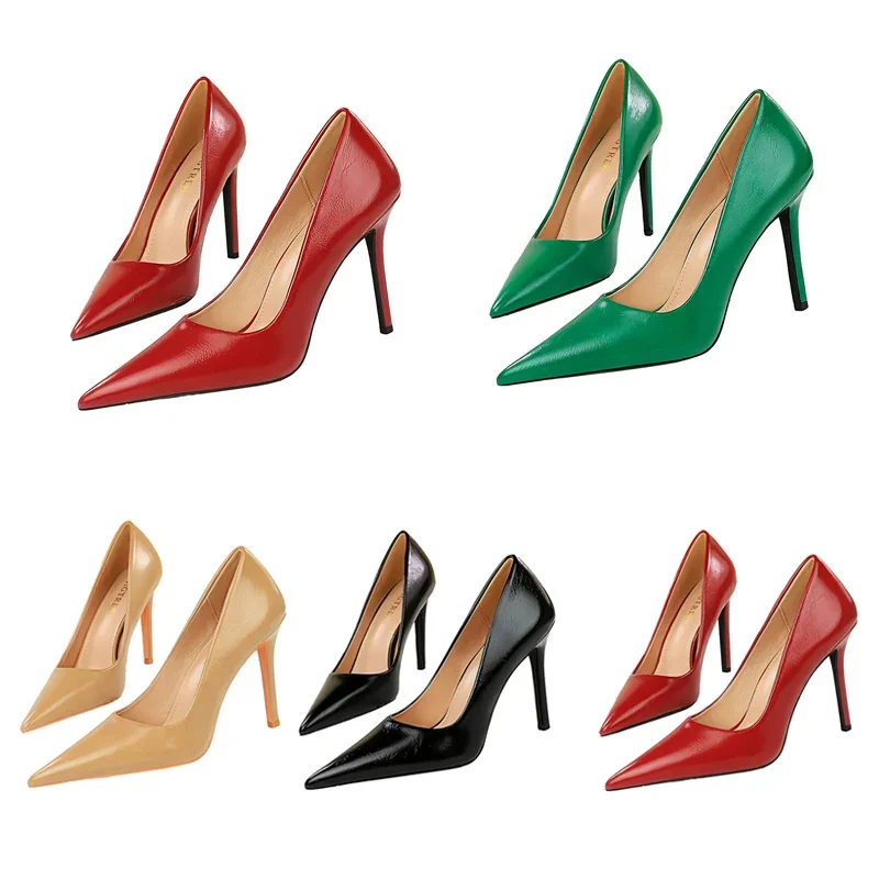 Women 10cm High Heels Vintage Simple Pointed Toe Office Pumps Lady Glossy Patent Leather Stiletto Fetish Daily Red Green Shoes