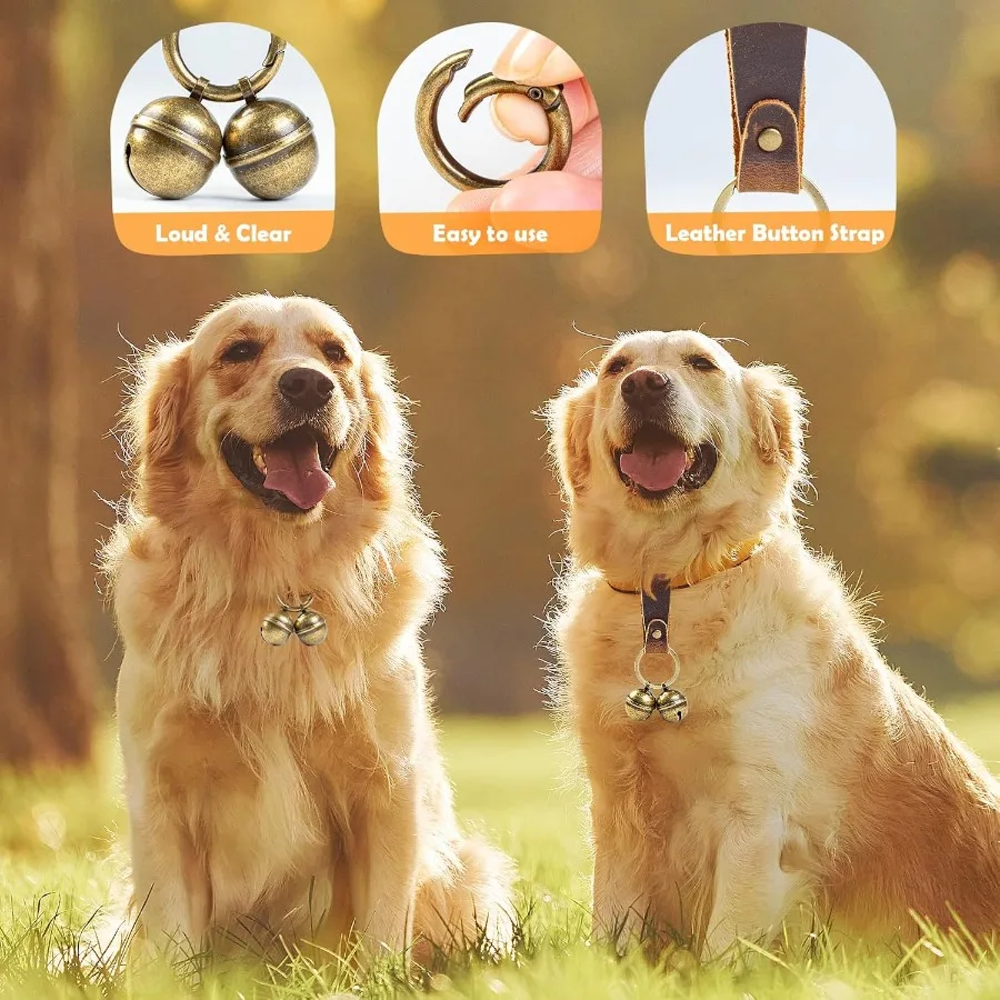 أجراس طوق بكلاب عالية، أجراس متينة للحيوانات الأليفة للكلاب الكبيرة، 4 أربطة نحاسية و2 حزام أزرار جلدي لسلامة الحيوانات الأليفة في الهواء الطلق #4